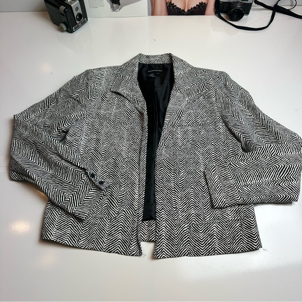 Sutton Studio Silk Linen Chevron Jacket Black White Minimalist Blazer Size 6